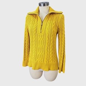 Lauren Ralph Lauren 100% Cotton Yellow Cable Knit Funnel 1/4 Zip Sweater S